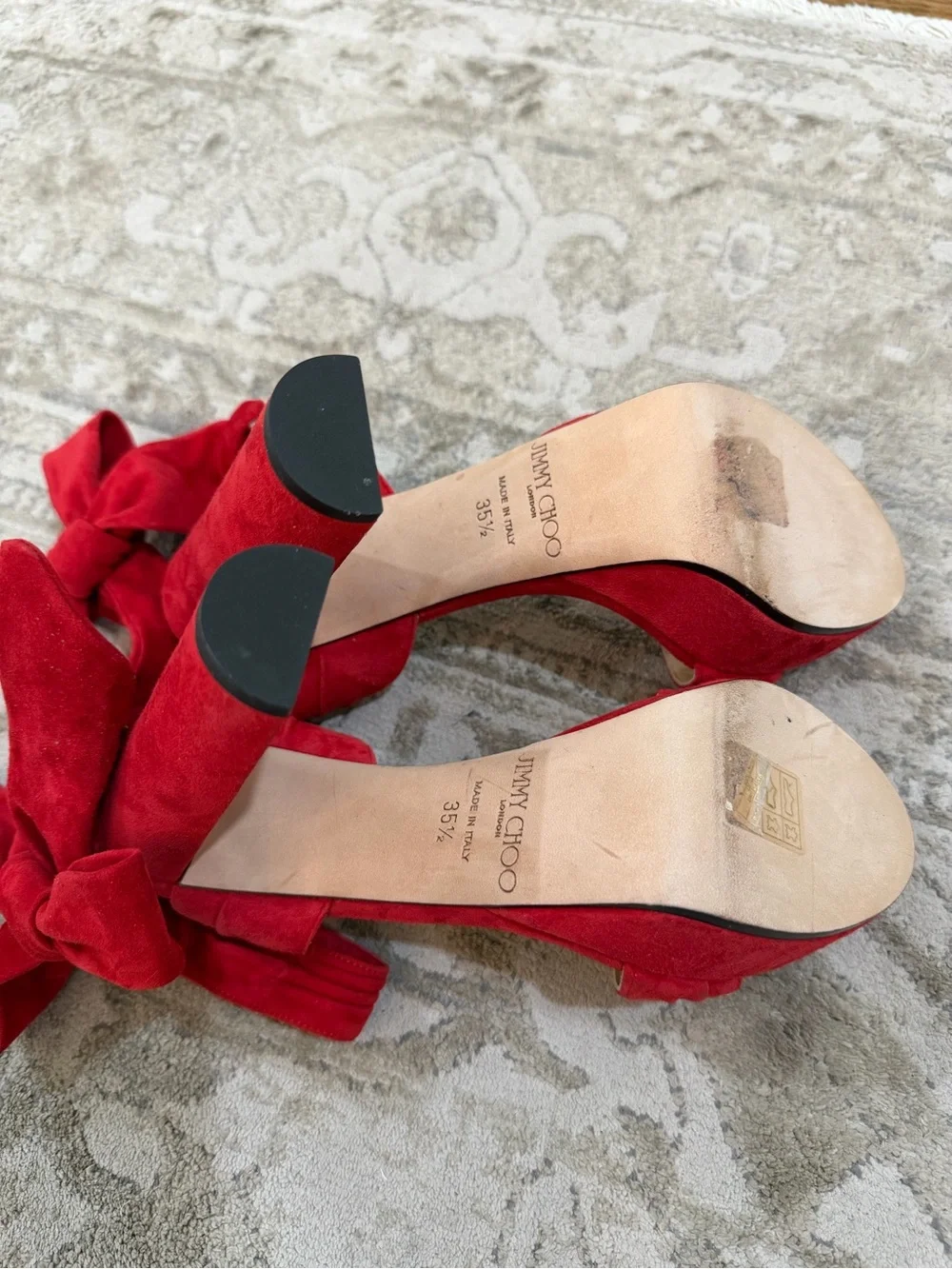 Jimmy Choo Red Soft Suede Kaytrin 120,5 inch Platform Block Heels with Ankle Bow